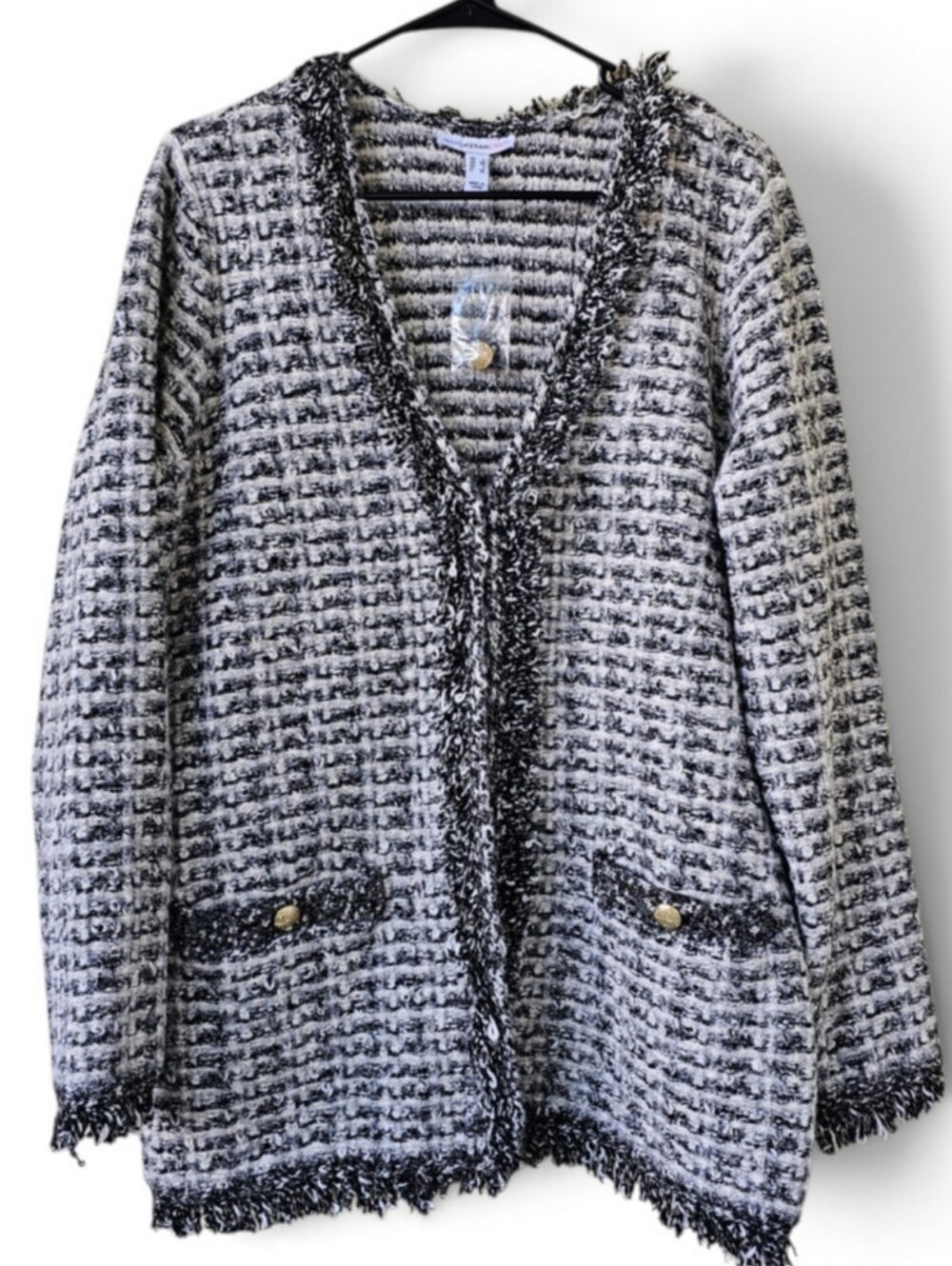 Isaac Mizrahi Live Fringe Trim Tweed Cardigan Grey Black Gold NWOT Size L
